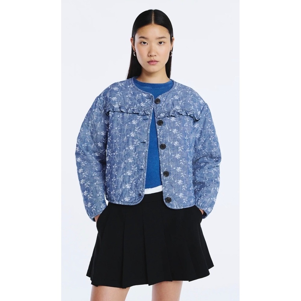 Scoop Womens Cotton Eyelet Quilted Jacket Blue Puff Sleeve Ruffle Medium NWT